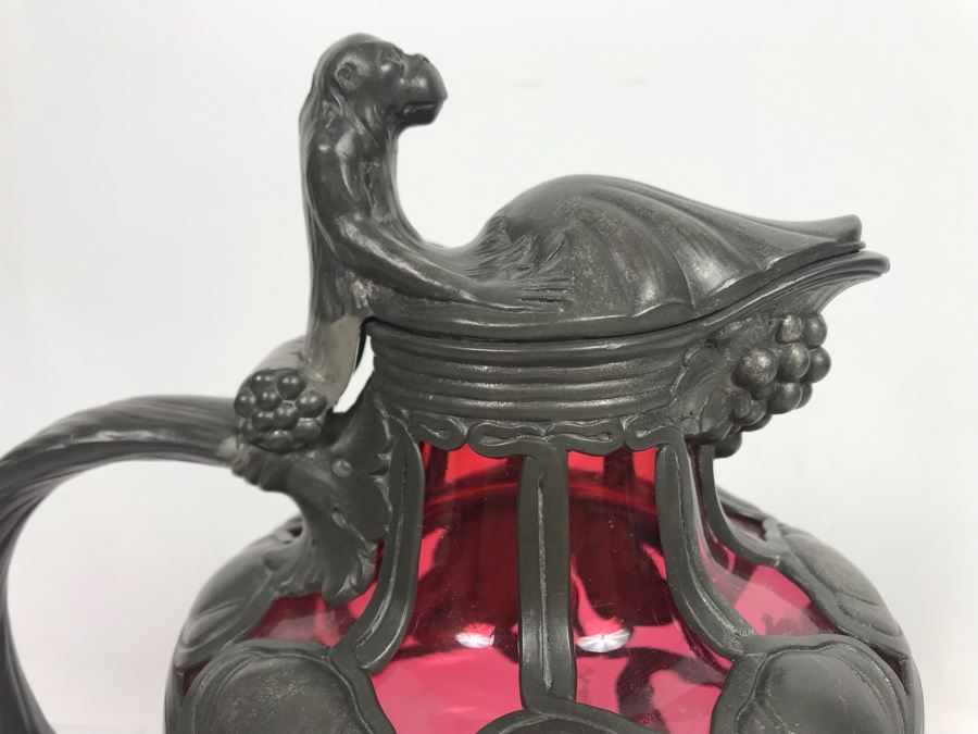 JUST ADDED - Pewter Overlay Ruby Glass Pitcher Featuring Grape Motif With Monkey Perched On Hinged Lid 10'H [Photo 5]