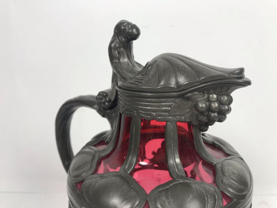 JUST ADDED - Pewter Overlay Ruby Glass Pitcher Featuring Grape Motif With Monkey Perched On Hinged Lid 10'H [Photo 2]