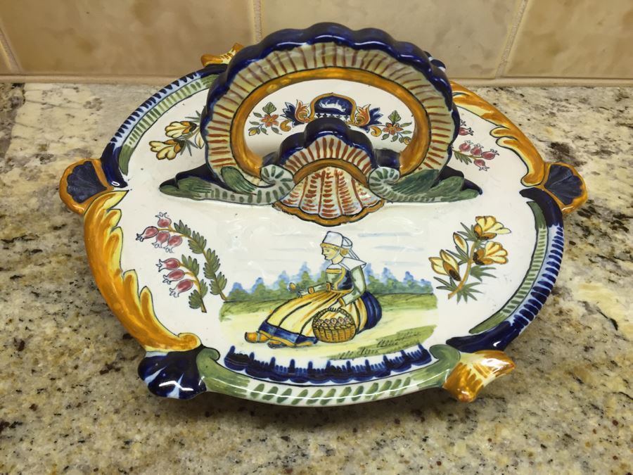 (6) Individually Signed Antique Henriot Quimper French Faience Hand Painted Egg Cups With Handled Carrying Tray Plate [Photo 4]