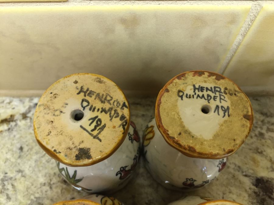 (6) Individually Signed Antique Henriot Quimper French Faience Hand Painted Egg Cups With Handled Carrying Tray Plate [Photo 12]