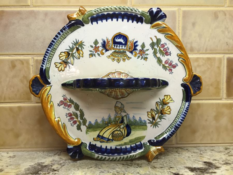 (6) Individually Signed Antique Henriot Quimper French Faience Hand Painted Egg Cups With Handled Carrying Tray Plate [Photo 5]