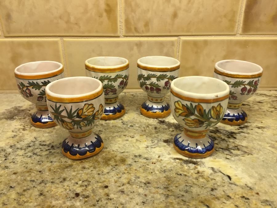 (6) Individually Signed Antique Henriot Quimper French Faience Hand Painted Egg Cups With Handled Carrying Tray Plate [Photo 9]