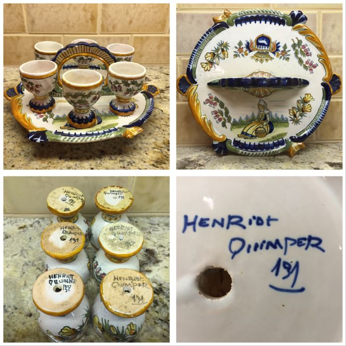 (6) Individually Signed Antique Henriot Quimper French Faience Hand Painted Egg Cups With Handled Carrying Tray Plate [Photo 1]