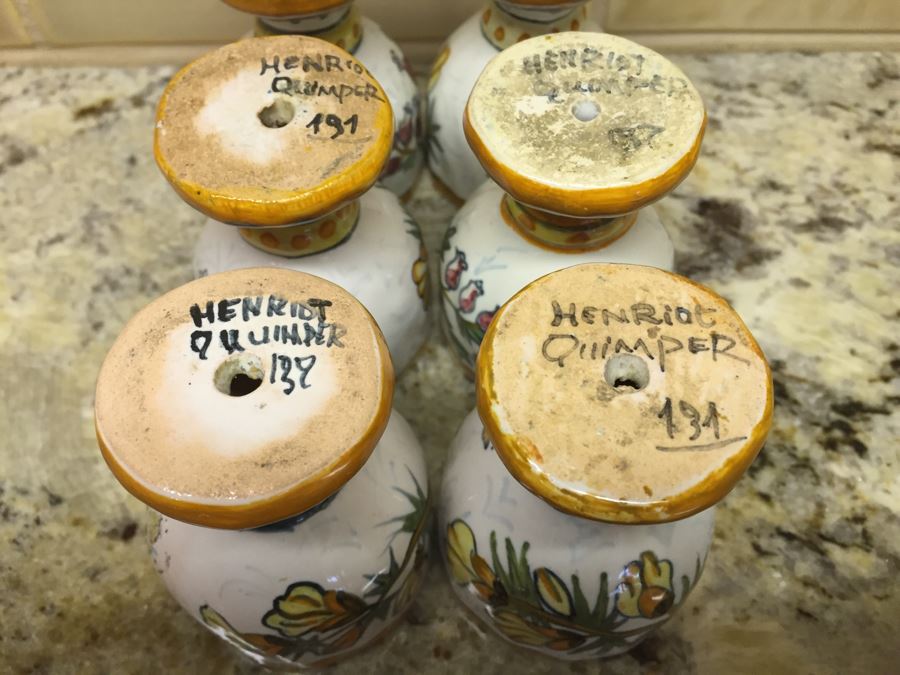 (6) Individually Signed Antique Henriot Quimper French Faience Hand Painted Egg Cups With Handled Carrying Tray Plate [Photo 14]