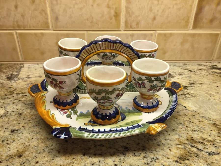 (6) Individually Signed Antique Henriot Quimper French Faience Hand Painted Egg Cups With Handled Carrying Tray Plate [Photo 2]