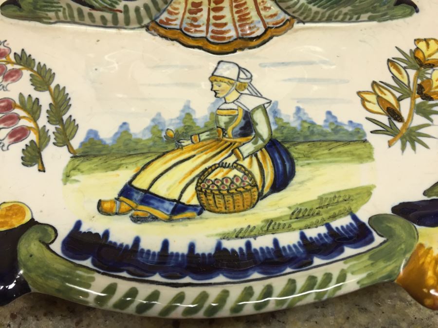 (6) Individually Signed Antique Henriot Quimper French Faience Hand Painted Egg Cups With Handled Carrying Tray Plate [Photo 6]