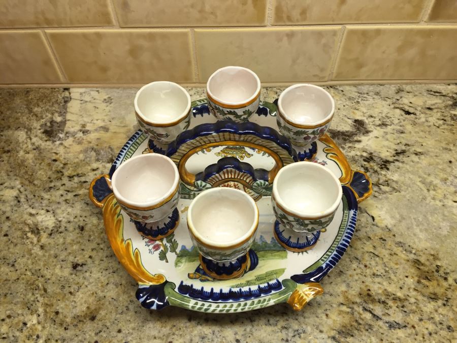 (6) Individually Signed Antique Henriot Quimper French Faience Hand Painted Egg Cups With Handled Carrying Tray Plate [Photo 3]