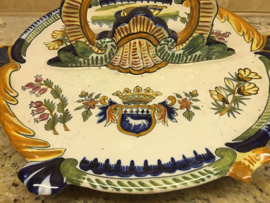 (6) Individually Signed Antique Henriot Quimper French Faience Hand Painted Egg Cups With Handled Carrying Tray Plate [Photo 7]