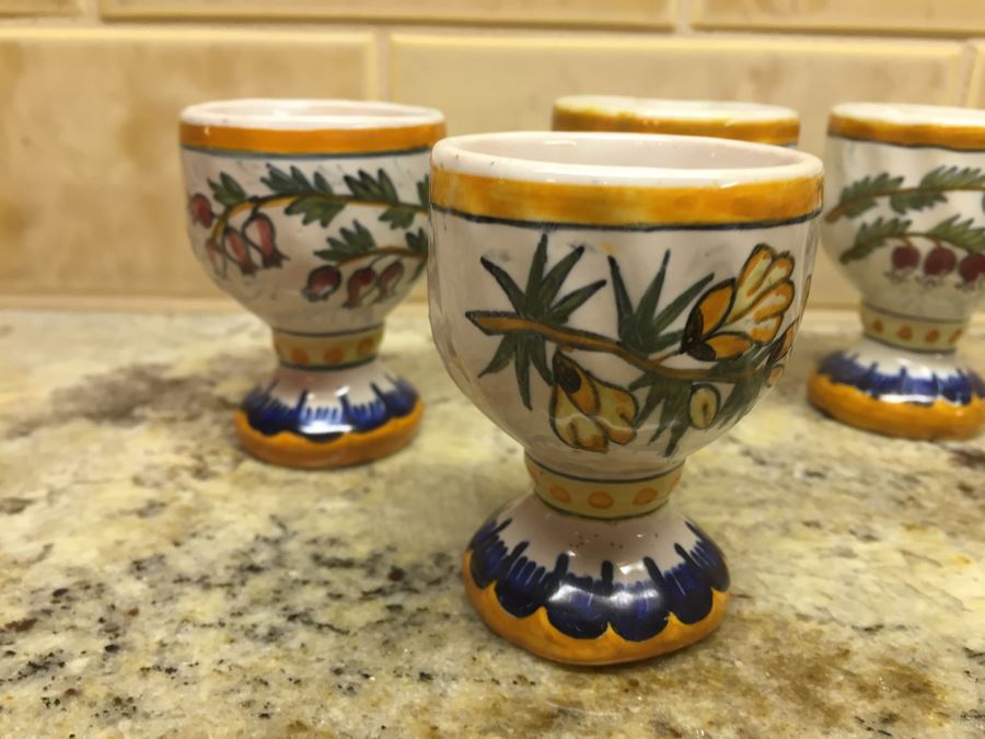(6) Individually Signed Antique Henriot Quimper French Faience Hand Painted Egg Cups With Handled Carrying Tray Plate [Photo 10]