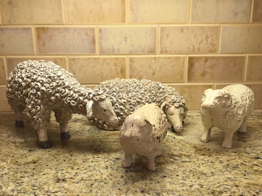 Collection Of (2) Painted Metal Rams And (2) Sheep Animal Figurines [Photo 1]