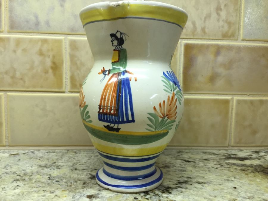 Set Of (3) Antique Signed Henriot Quimper France Hand Painted Pitchers 7', 6', 4' [Photo 10]