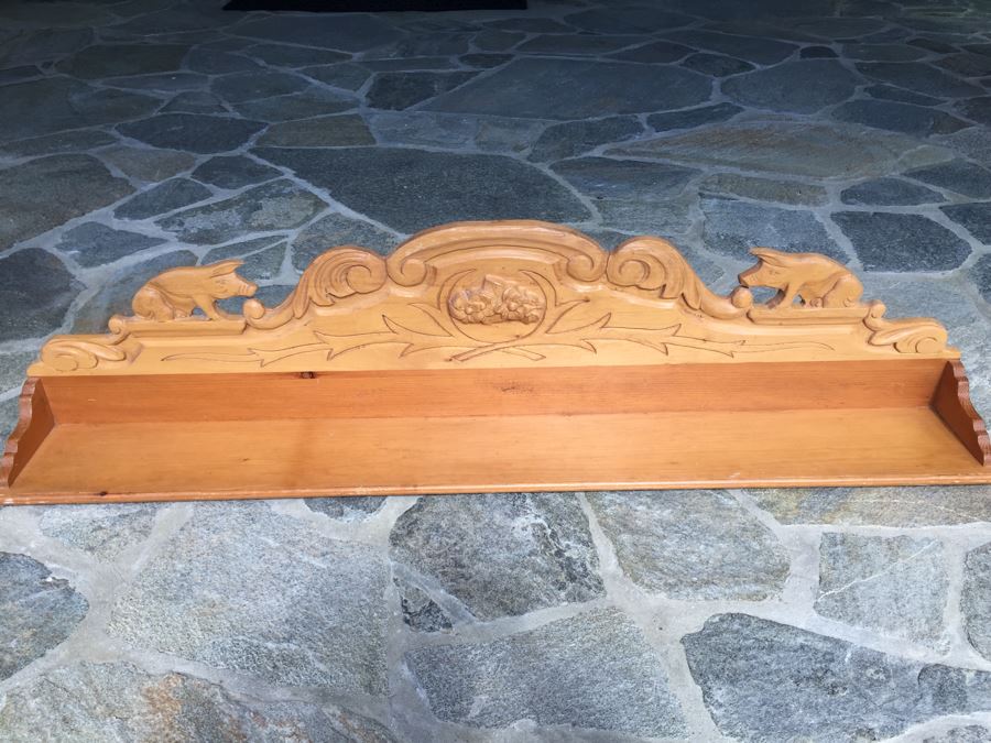 Wooden Wall Shelf With Carved Pigs 60'W X 9'D X 14'H [Photo 1]