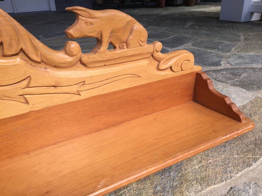Wooden Wall Shelf With Carved Pigs 60'W X 9'D X 14'H [Photo 4]