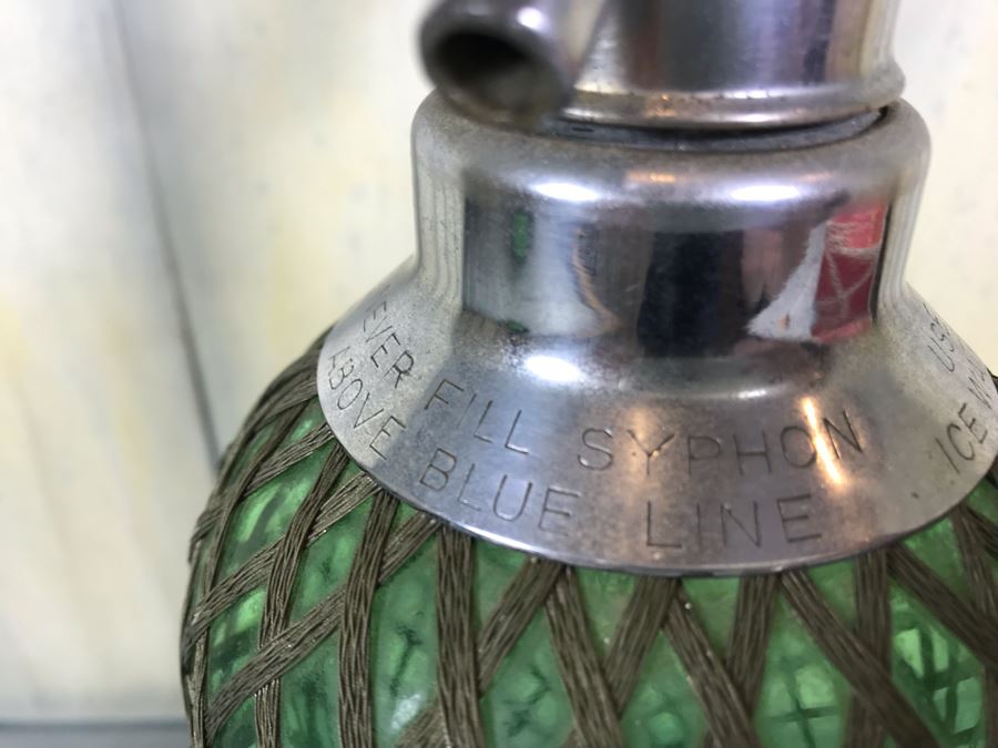 Vintage Green Glass Wire Mesh Seltzer Bottle 13.5'H [Photo 3]