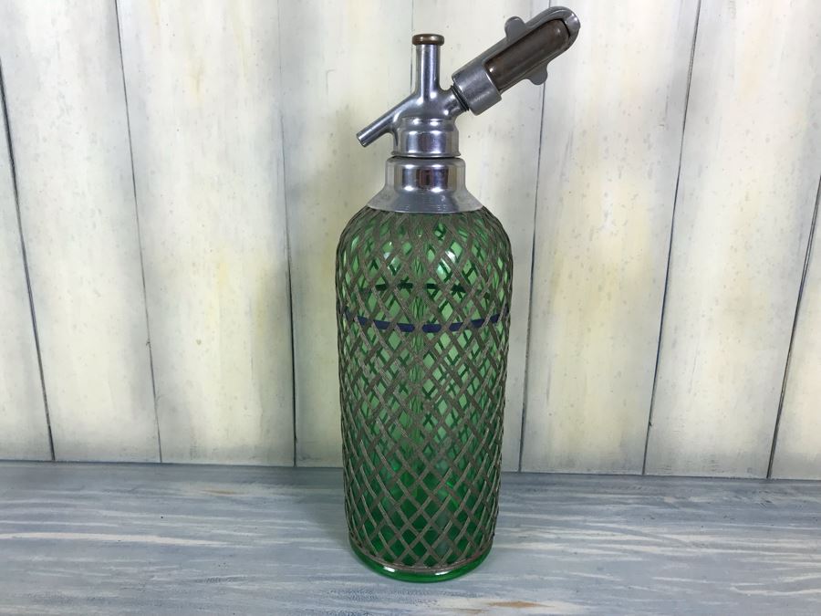 Vintage Green Glass Wire Mesh Seltzer Bottle 13.5'H [Photo 1]