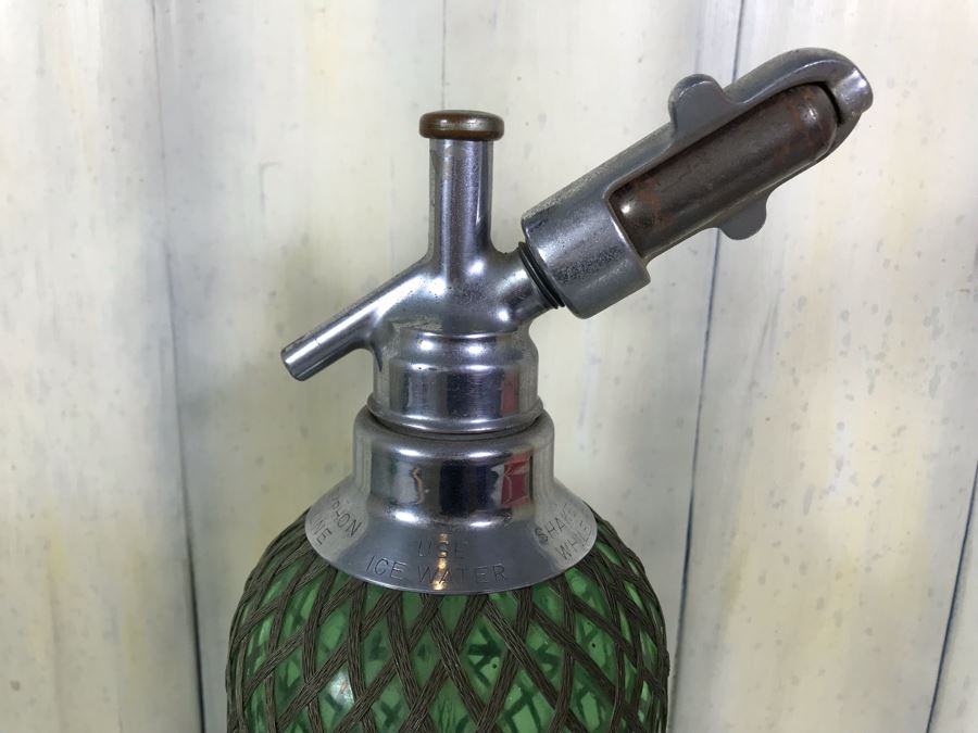 Vintage Green Glass Wire Mesh Seltzer Bottle 13.5'H [Photo 2]