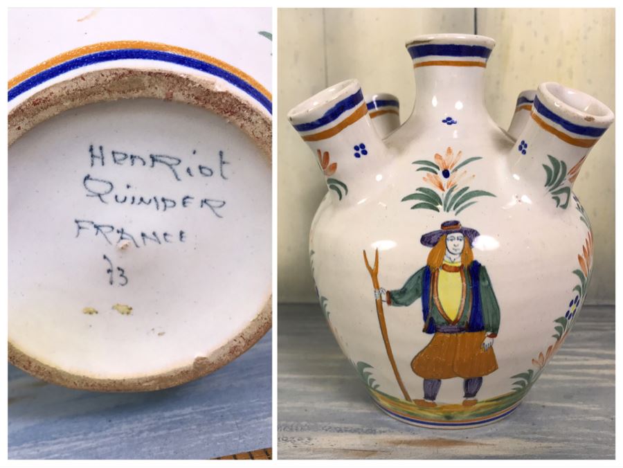 Signed Antique Henriot Quimper French Faience Hand Painted Vase 6.5'H [Photo 1]