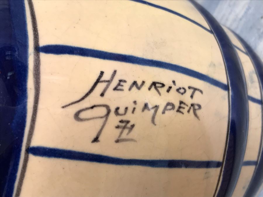 Rare Signed Antique Henriot Quimper French Faience Hand Painted Signed Barrel With Dispenser, (5) Signed Cups And Wooden Display Rack Liquor Set 10'W X 5'D X 6.5'H [Photo 27]