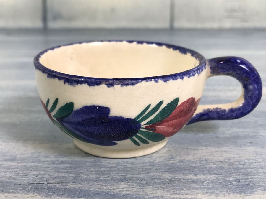 Rare Signed Antique Henriot Quimper French Faience Hand Painted Signed Barrel With Dispenser, (5) Signed Cups And Wooden Display Rack Liquor Set 10'W X 5'D X 6.5'H [Photo 35]