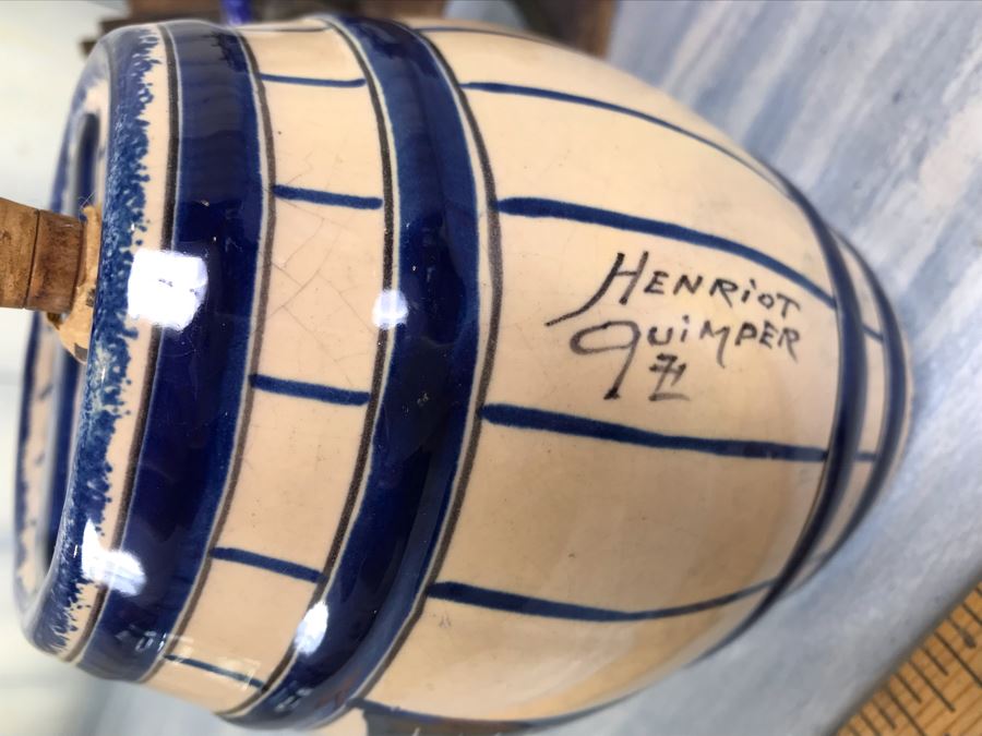 Rare Signed Antique Henriot Quimper French Faience Hand Painted Signed Barrel With Dispenser, (5) Signed Cups And Wooden Display Rack Liquor Set 10'W X 5'D X 6.5'H [Photo 26]