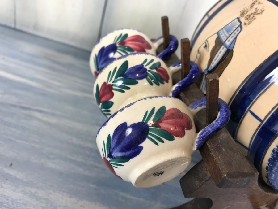 Rare Signed Antique Henriot Quimper French Faience Hand Painted Signed Barrel With Dispenser, (5) Signed Cups And Wooden Display Rack Liquor Set 10'W X 5'D X 6.5'H [Photo 13]