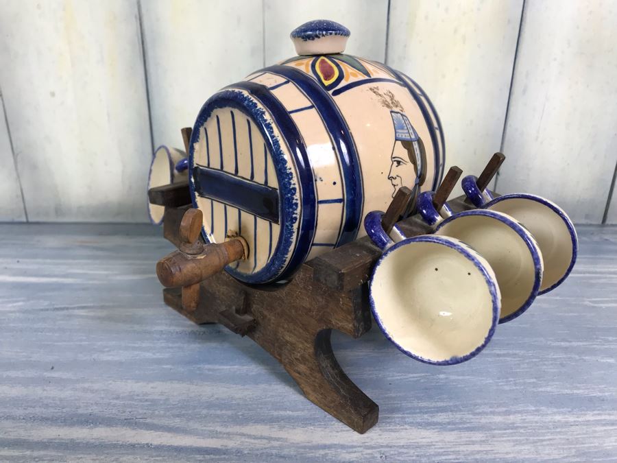 Rare Signed Antique Henriot Quimper French Faience Hand Painted Signed Barrel With Dispenser, (5) Signed Cups And Wooden Display Rack Liquor Set 10'W X 5'D X 6.5'H [Photo 5]