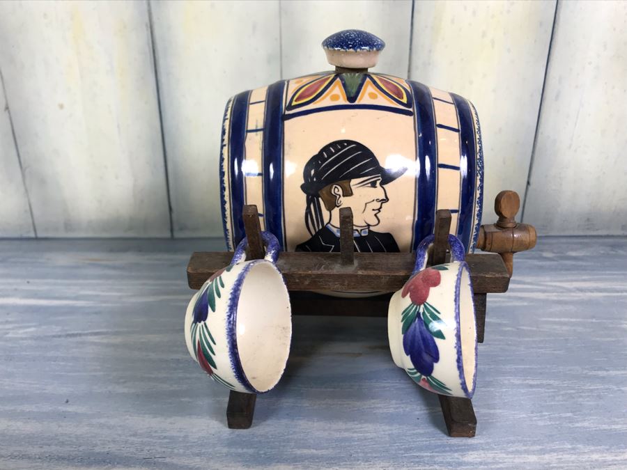 Rare Signed Antique Henriot Quimper French Faience Hand Painted Signed Barrel With Dispenser, (5) Signed Cups And Wooden Display Rack Liquor Set 10'W X 5'D X 6.5'H [Photo 21]