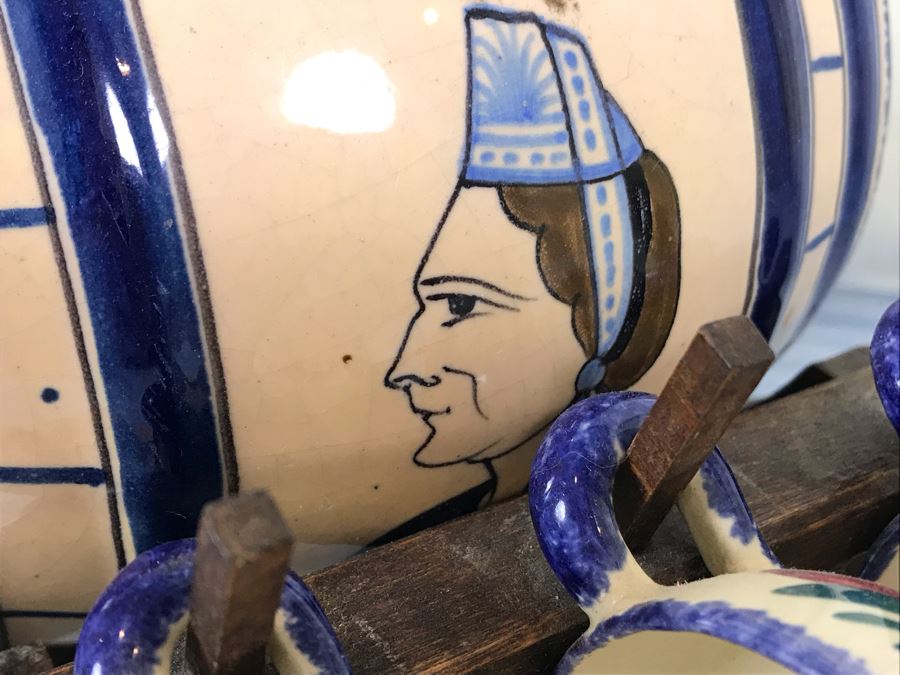 Rare Signed Antique Henriot Quimper French Faience Hand Painted Signed Barrel With Dispenser, (5) Signed Cups And Wooden Display Rack Liquor Set 10'W X 5'D X 6.5'H [Photo 10]