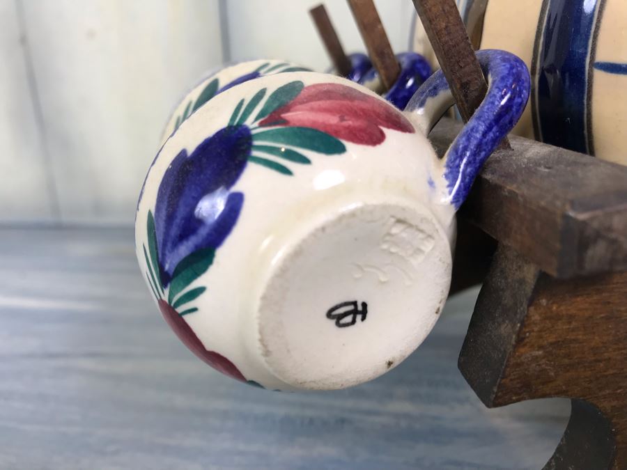 Rare Signed Antique Henriot Quimper French Faience Hand Painted Signed Barrel With Dispenser, (5) Signed Cups And Wooden Display Rack Liquor Set 10'W X 5'D X 6.5'H [Photo 14]