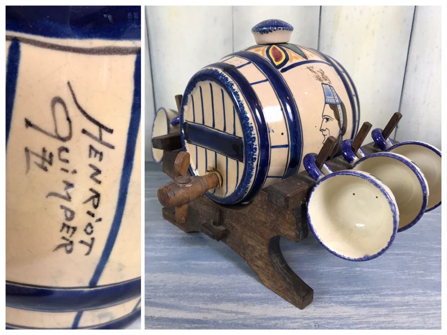 Rare Signed Antique Henriot Quimper French Faience Hand Painted Signed Barrel With Dispenser, (5) Signed Cups And Wooden Display Rack Liquor Set 10'W X 5'D X 6.5'H [Photo 1]