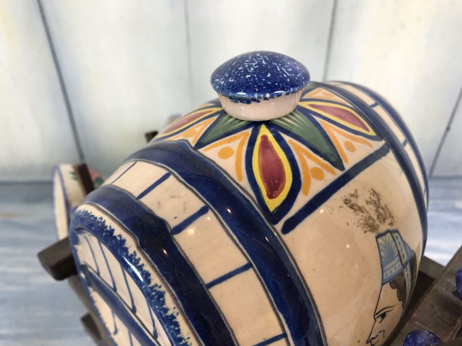 Rare Signed Antique Henriot Quimper French Faience Hand Painted Signed Barrel With Dispenser, (5) Signed Cups And Wooden Display Rack Liquor Set 10'W X 5'D X 6.5'H [Photo 7]