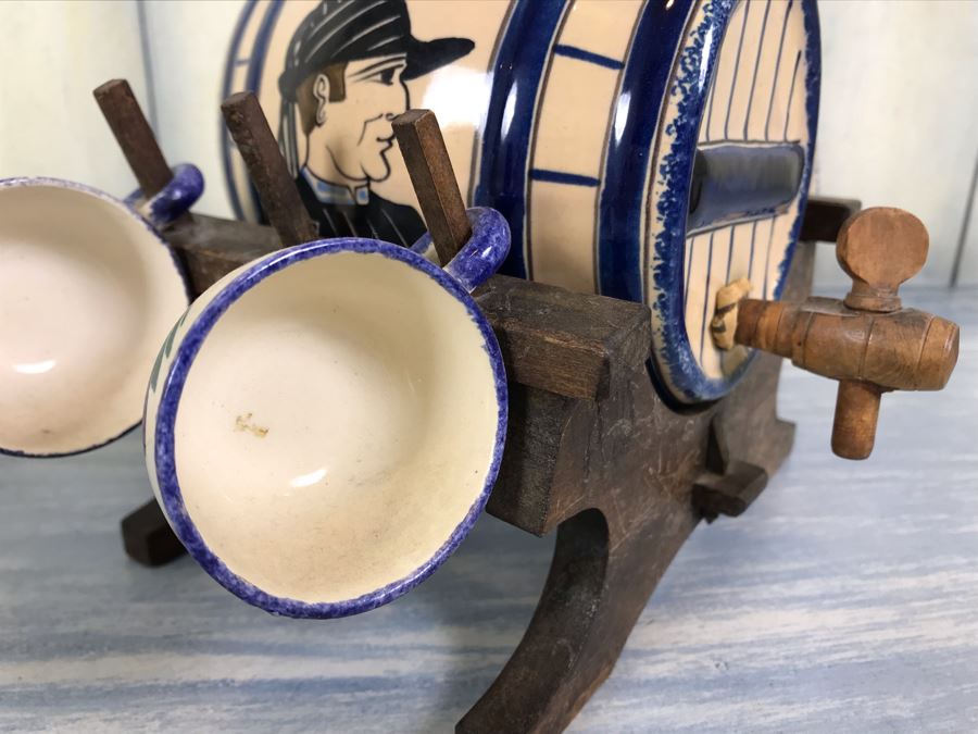 Rare Signed Antique Henriot Quimper French Faience Hand Painted Signed Barrel With Dispenser, (5) Signed Cups And Wooden Display Rack Liquor Set 10'W X 5'D X 6.5'H [Photo 25]