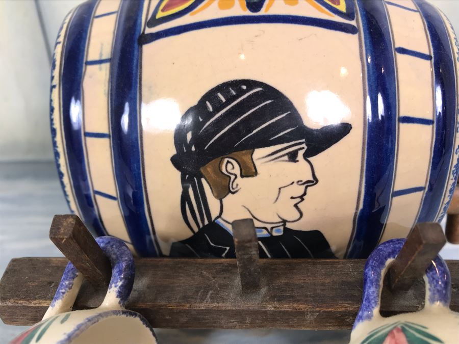 Rare Signed Antique Henriot Quimper French Faience Hand Painted Signed Barrel With Dispenser, (5) Signed Cups And Wooden Display Rack Liquor Set 10'W X 5'D X 6.5'H [Photo 22]