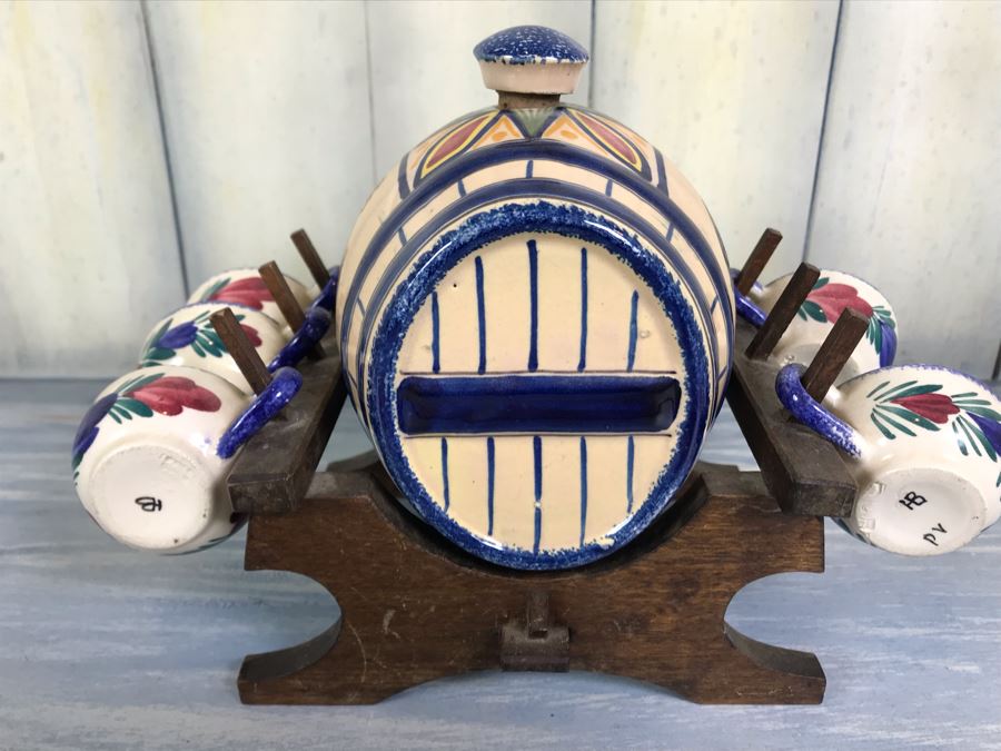 Rare Signed Antique Henriot Quimper French Faience Hand Painted Signed Barrel With Dispenser, (5) Signed Cups And Wooden Display Rack Liquor Set 10'W X 5'D X 6.5'H [Photo 19]