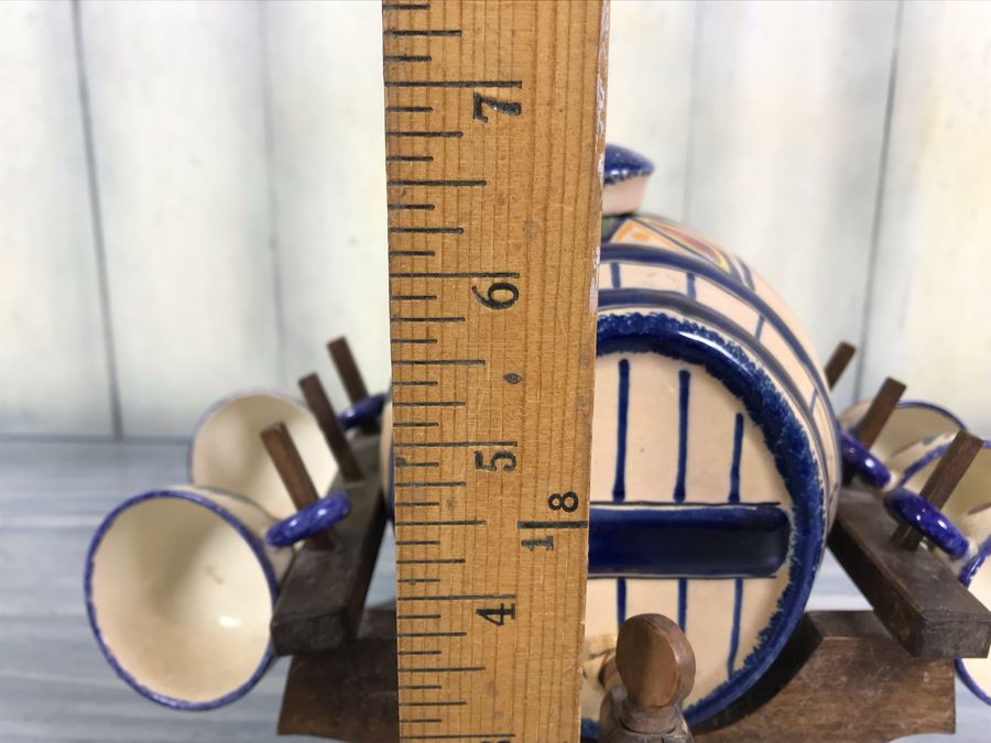 Rare Signed Antique Henriot Quimper French Faience Hand Painted Signed Barrel With Dispenser, (5) Signed Cups And Wooden Display Rack Liquor Set 10'W X 5'D X 6.5'H [Photo 34]