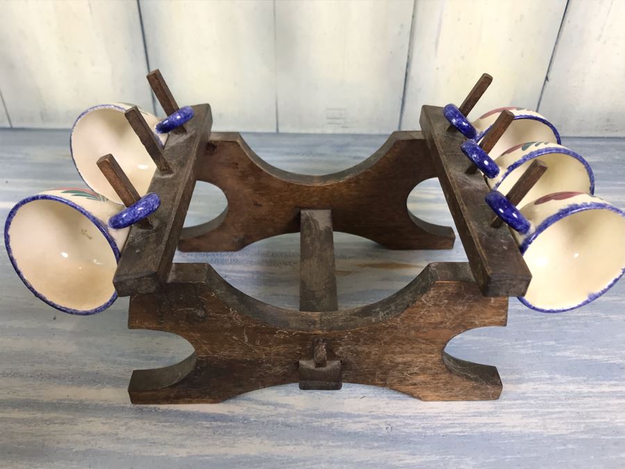 Rare Signed Antique Henriot Quimper French Faience Hand Painted Signed Barrel With Dispenser, (5) Signed Cups And Wooden Display Rack Liquor Set 10'W X 5'D X 6.5'H [Photo 29]