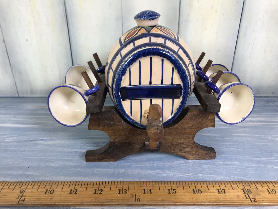 Rare Signed Antique Henriot Quimper French Faience Hand Painted Signed Barrel With Dispenser, (5) Signed Cups And Wooden Display Rack Liquor Set 10'W X 5'D X 6.5'H [Photo 2]