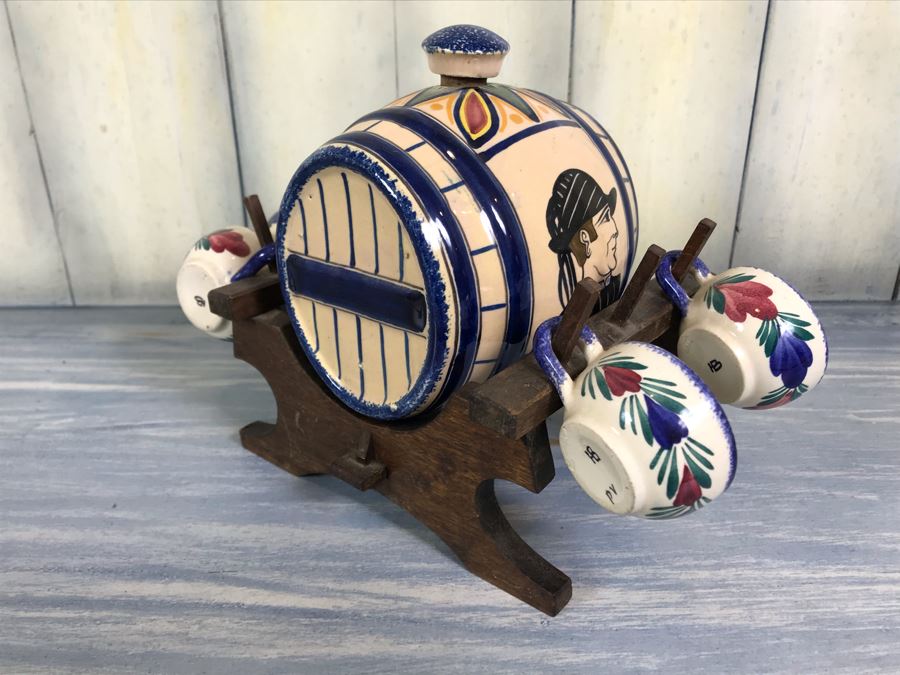 Rare Signed Antique Henriot Quimper French Faience Hand Painted Signed Barrel With Dispenser, (5) Signed Cups And Wooden Display Rack Liquor Set 10'W X 5'D X 6.5'H [Photo 20]