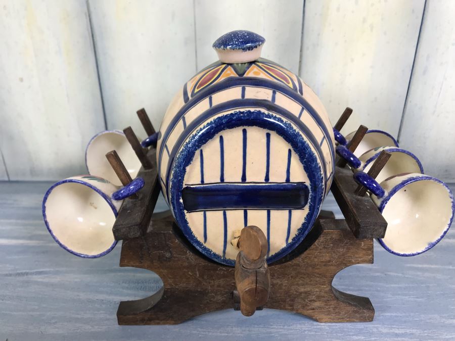 Rare Signed Antique Henriot Quimper French Faience Hand Painted Signed Barrel With Dispenser, (5) Signed Cups And Wooden Display Rack Liquor Set 10'W X 5'D X 6.5'H [Photo 3]
