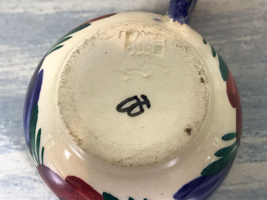 Rare Signed Antique Henriot Quimper French Faience Hand Painted Signed Barrel With Dispenser, (5) Signed Cups And Wooden Display Rack Liquor Set 10'W X 5'D X 6.5'H [Photo 16]