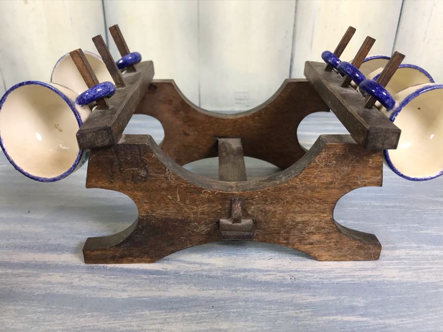 Rare Signed Antique Henriot Quimper French Faience Hand Painted Signed Barrel With Dispenser, (5) Signed Cups And Wooden Display Rack Liquor Set 10'W X 5'D X 6.5'H [Photo 30]