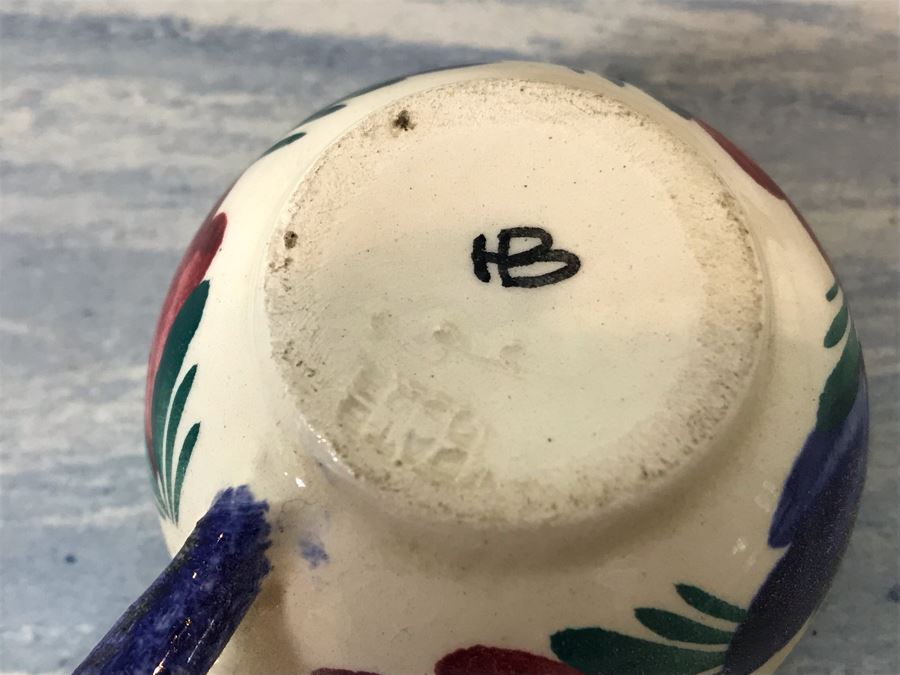 Rare Signed Antique Henriot Quimper French Faience Hand Painted Signed Barrel With Dispenser, (5) Signed Cups And Wooden Display Rack Liquor Set 10'W X 5'D X 6.5'H [Photo 15]