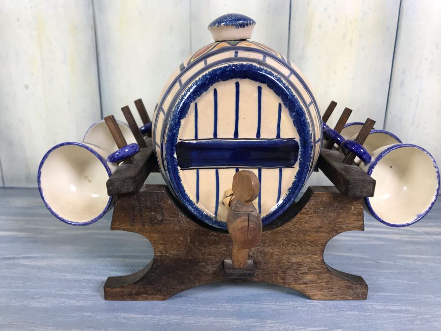 Rare Signed Antique Henriot Quimper French Faience Hand Painted Signed Barrel With Dispenser, (5) Signed Cups And Wooden Display Rack Liquor Set 10'W X 5'D X 6.5'H [Photo 4]