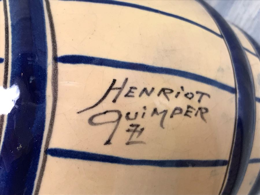 Rare Signed Antique Henriot Quimper French Faience Hand Painted Signed Barrel With Dispenser, (5) Signed Cups And Wooden Display Rack Liquor Set 10'W X 5'D X 6.5'H [Photo 28]