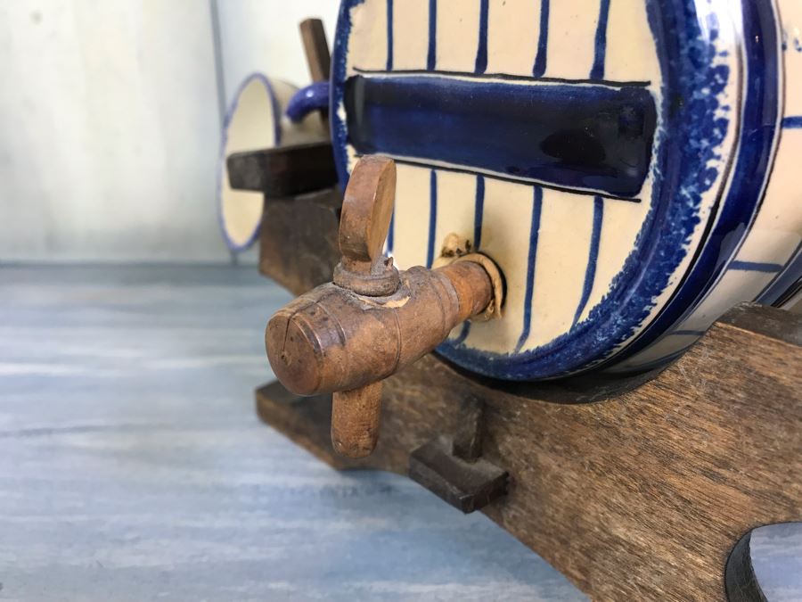 Rare Signed Antique Henriot Quimper French Faience Hand Painted Signed Barrel With Dispenser, (5) Signed Cups And Wooden Display Rack Liquor Set 10'W X 5'D X 6.5'H [Photo 6]