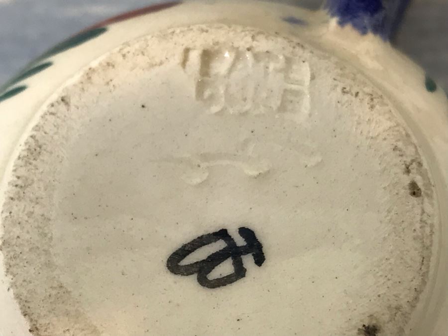 Rare Signed Antique Henriot Quimper French Faience Hand Painted Signed Barrel With Dispenser, (5) Signed Cups And Wooden Display Rack Liquor Set 10'W X 5'D X 6.5'H [Photo 18]