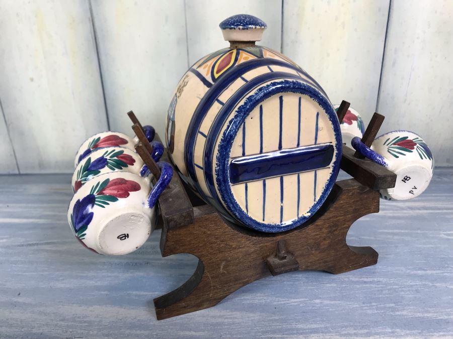 Rare Signed Antique Henriot Quimper French Faience Hand Painted Signed Barrel With Dispenser, (5) Signed Cups And Wooden Display Rack Liquor Set 10'W X 5'D X 6.5'H [Photo 11]