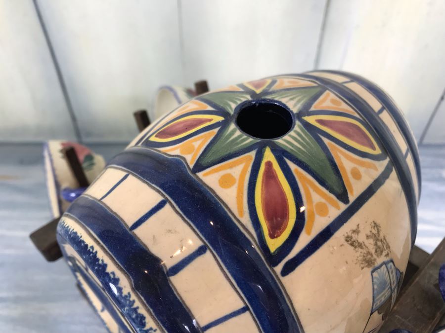 Rare Signed Antique Henriot Quimper French Faience Hand Painted Signed Barrel With Dispenser, (5) Signed Cups And Wooden Display Rack Liquor Set 10'W X 5'D X 6.5'H [Photo 8]