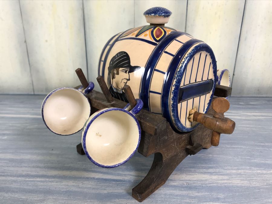 Rare Signed Antique Henriot Quimper French Faience Hand Painted Signed Barrel With Dispenser, (5) Signed Cups And Wooden Display Rack Liquor Set 10'W X 5'D X 6.5'H [Photo 24]