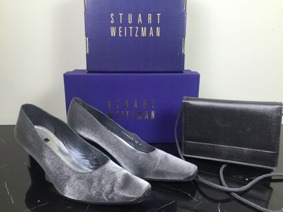 Stuart Weitzman Ladies Silver Heels Shoes Size 10 And Matching Handbag With Original Boxes